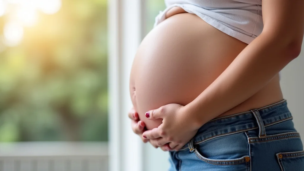 This image shows a pregnant woman using a pregnancy weight gain calculator guide on a tablet.